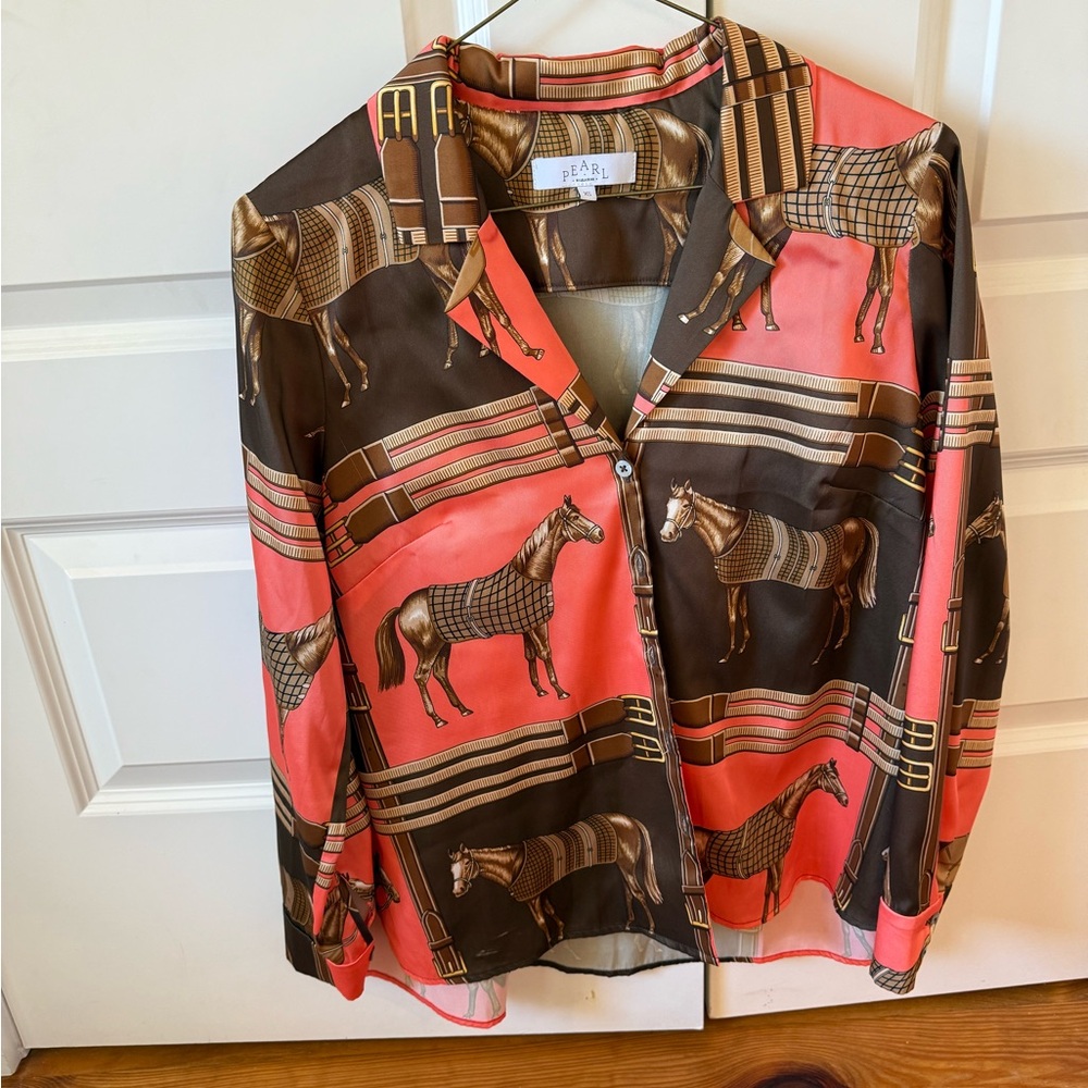 Pearl by Lela Rose Women's Horse Print Blouse - Brown and Coral